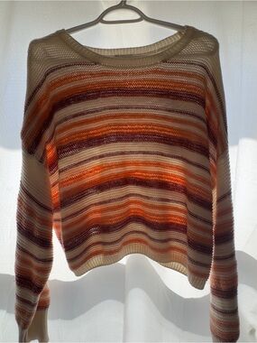 Ardene Striped Open-Weave Scoop Neck Sweater in Cream, Orange & Brown